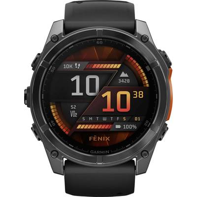 'Black smartwatch with fitness display, showing battery, VO2 max value, step count and date information.'