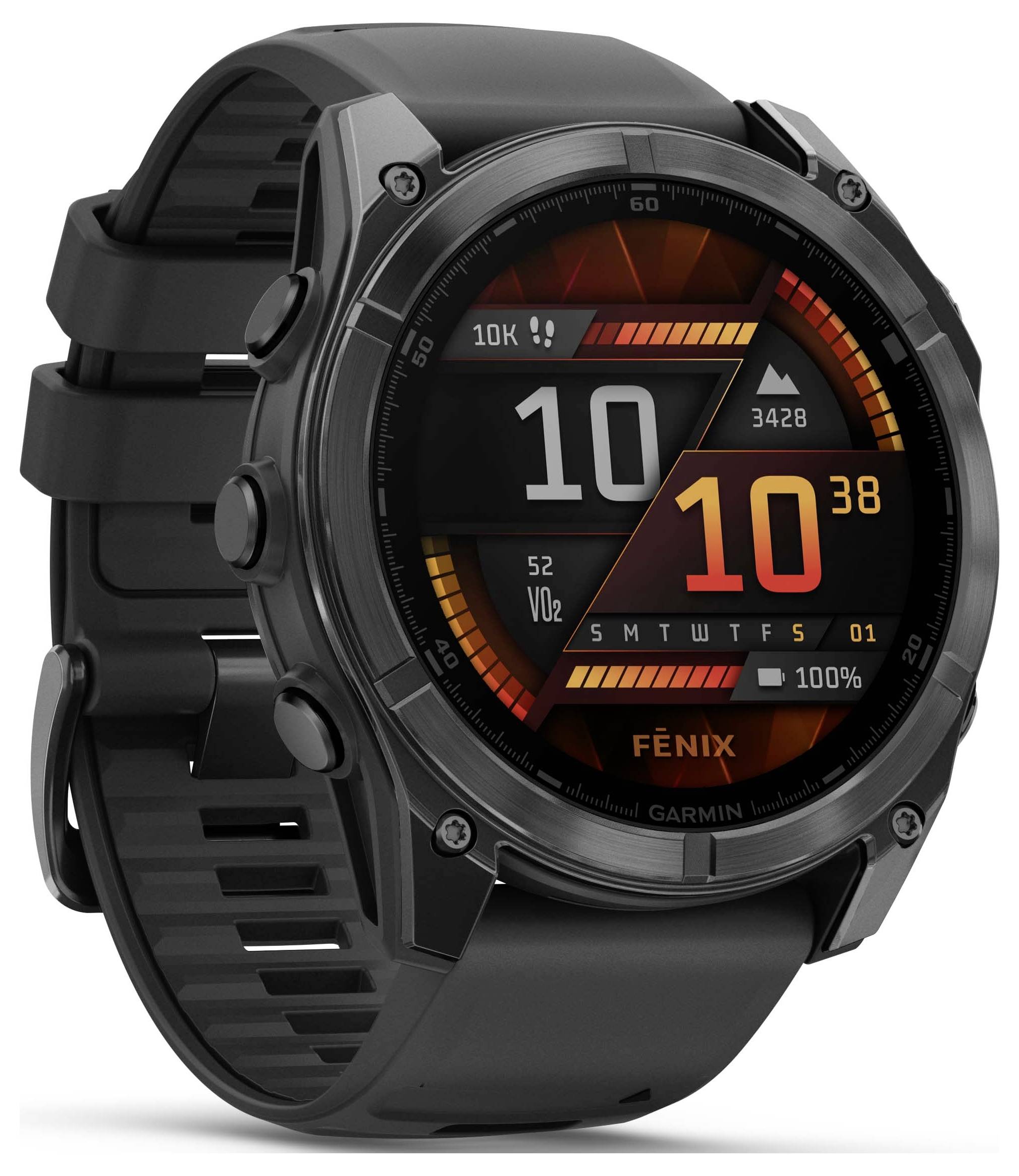 A black smartwatch with a round face displays the time as '10:10', heart rate, step count, date, and battery level.
