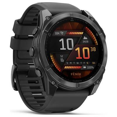 A black smartwatch with a round face displays the time as '10:10', heart rate, step count, date, and battery level.