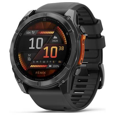 A grey smartwatch with orange details displays the time (10:38) and fitness information, such as VO2 max and step count.