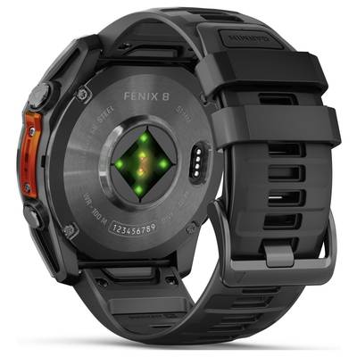 Black wristwatch with a steel case, back revealing sensors and model 'Fenix 8'. Strap and robust casing visible.
