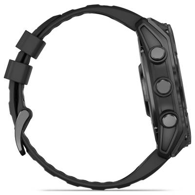 A black sports watch with three side buttons and a robust strap, viewed from the side.