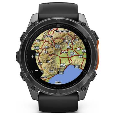 Digital clock with a detailed map around Turin, Italy. Streets, cities such as 'Geneva' and 'Marseille', and contour lines are visible.