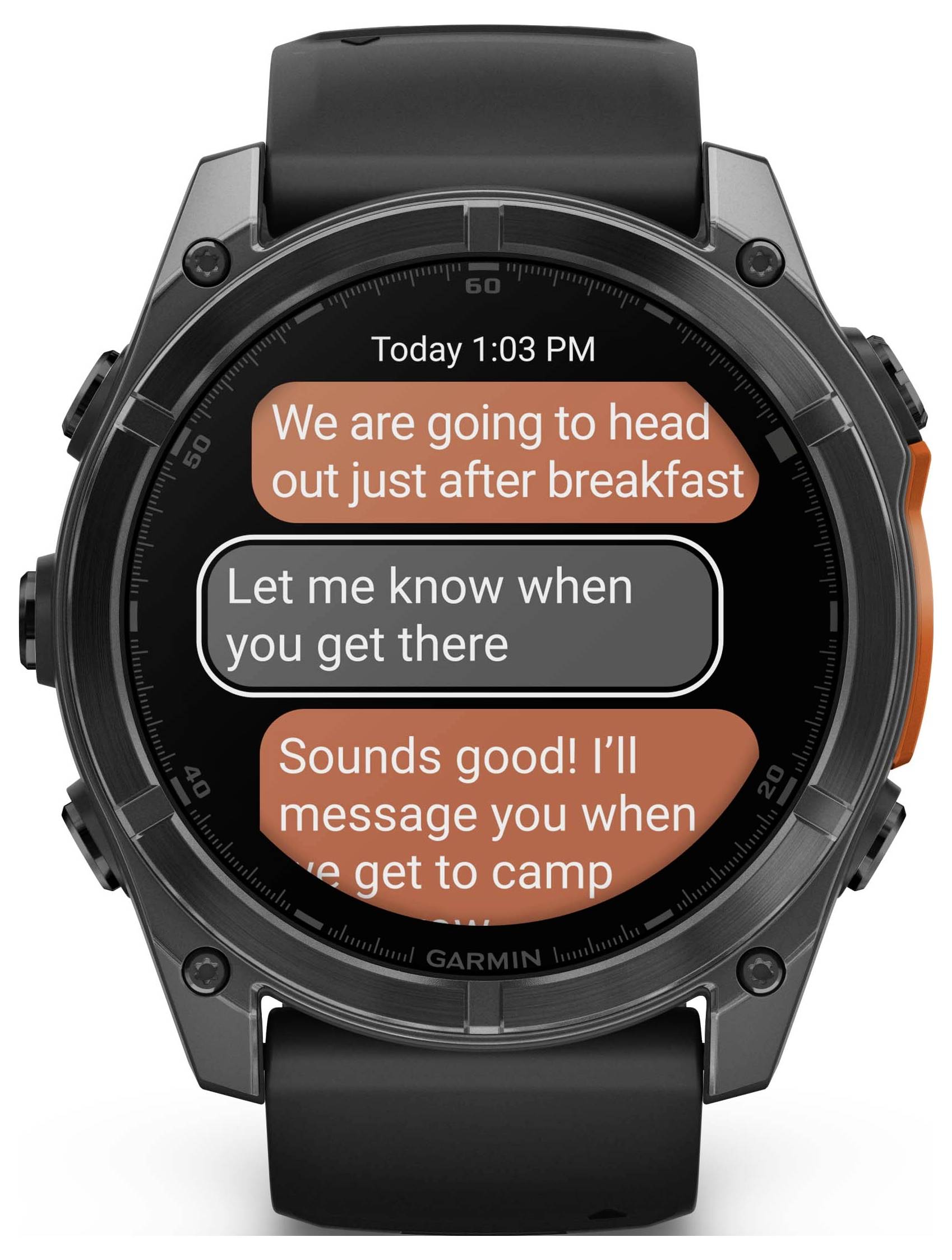 A smartwatch displays messages. Message 1: 'We'll head off after breakfast.' Message 2: 'Let me know when you arrive.' Message 3: 'Sounds good! I'll get in touch when I'm at the camp.'