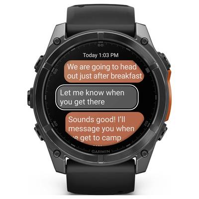 A smartwatch displays messages. Message 1: 'We'll head off after breakfast.' Message 2: 'Let me know when you arrive.' Message 3: 'Sounds good! I'll get in touch when I'm at the camp.'