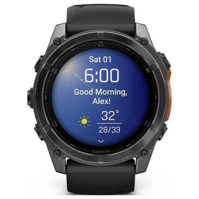 A black smartwatch displays 'Saturday 01', 6:00 am, 'Good morning, Alex!', Temperature: 32 degrees, Forecast: sunny.