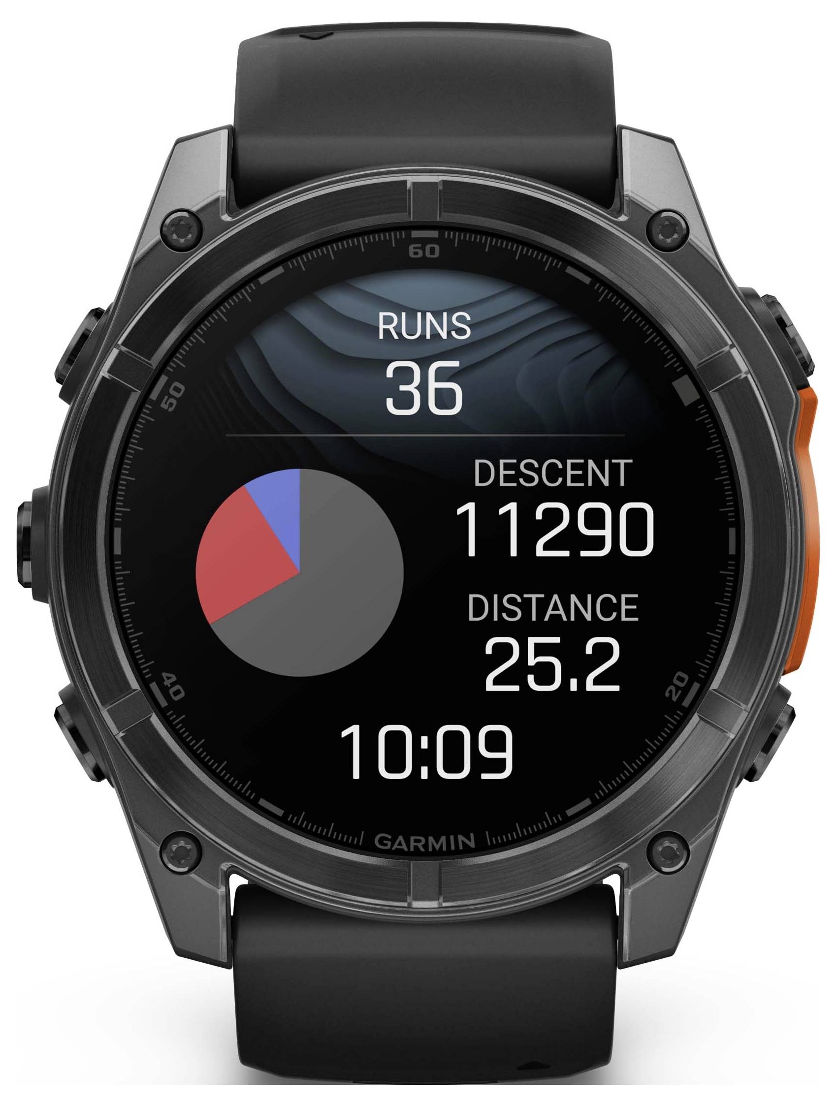 Smartwatch with round display shows 'Runs 36', 'Descent 11290', 'Distance 25.2', time 10:09. Graph shows activity distribution.