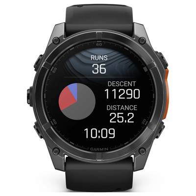 Smartwatch with round display shows 'Runs 36', 'Descent 11290', 'Distance 25.2', time 10:09. Graph shows activity distribution.