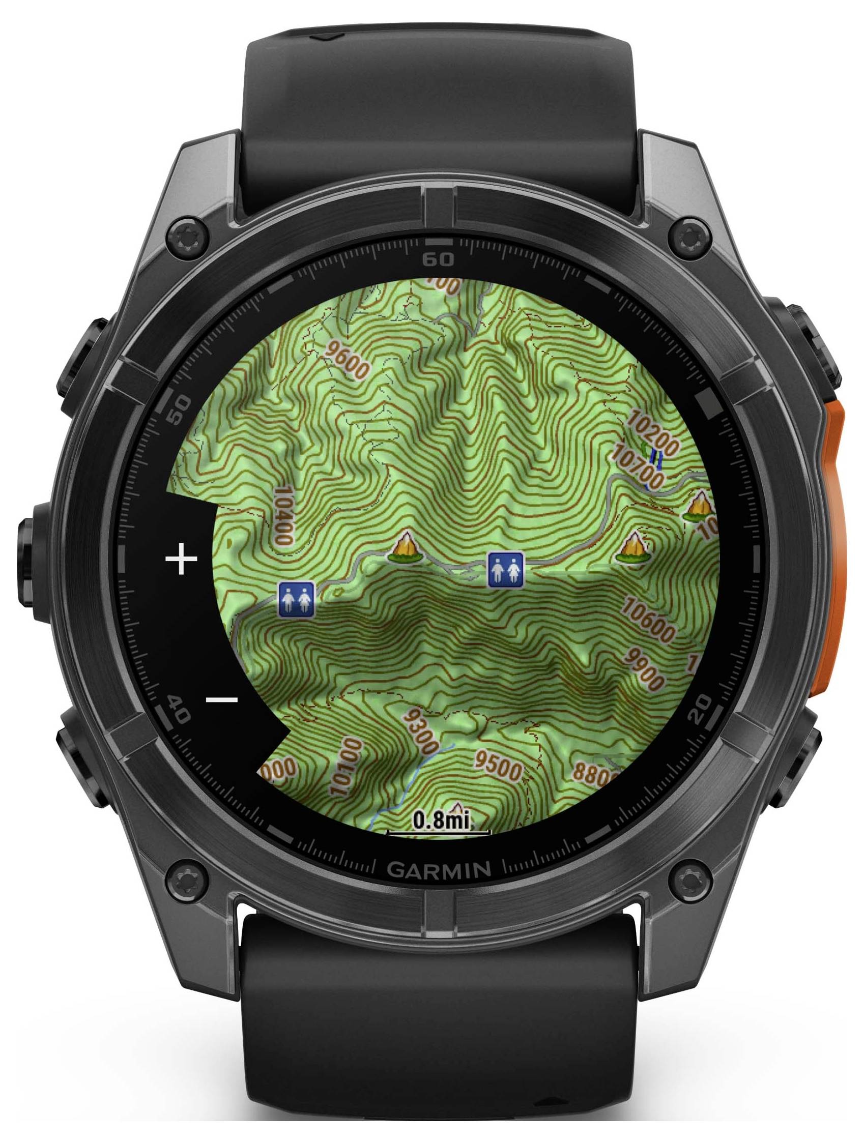 A smartwatch displays a topographical map with contour lines, waymarkers, and a distance scale of 0.8 miles.