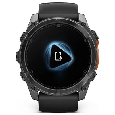 A black smartwatch with a blue, illuminated smartphone symbol and a microphone icon on the display.
