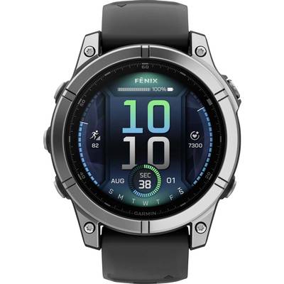 Smartwatch with round dial. Displays the time as '10:10', heart rate 82, steps 7,300 and battery status.