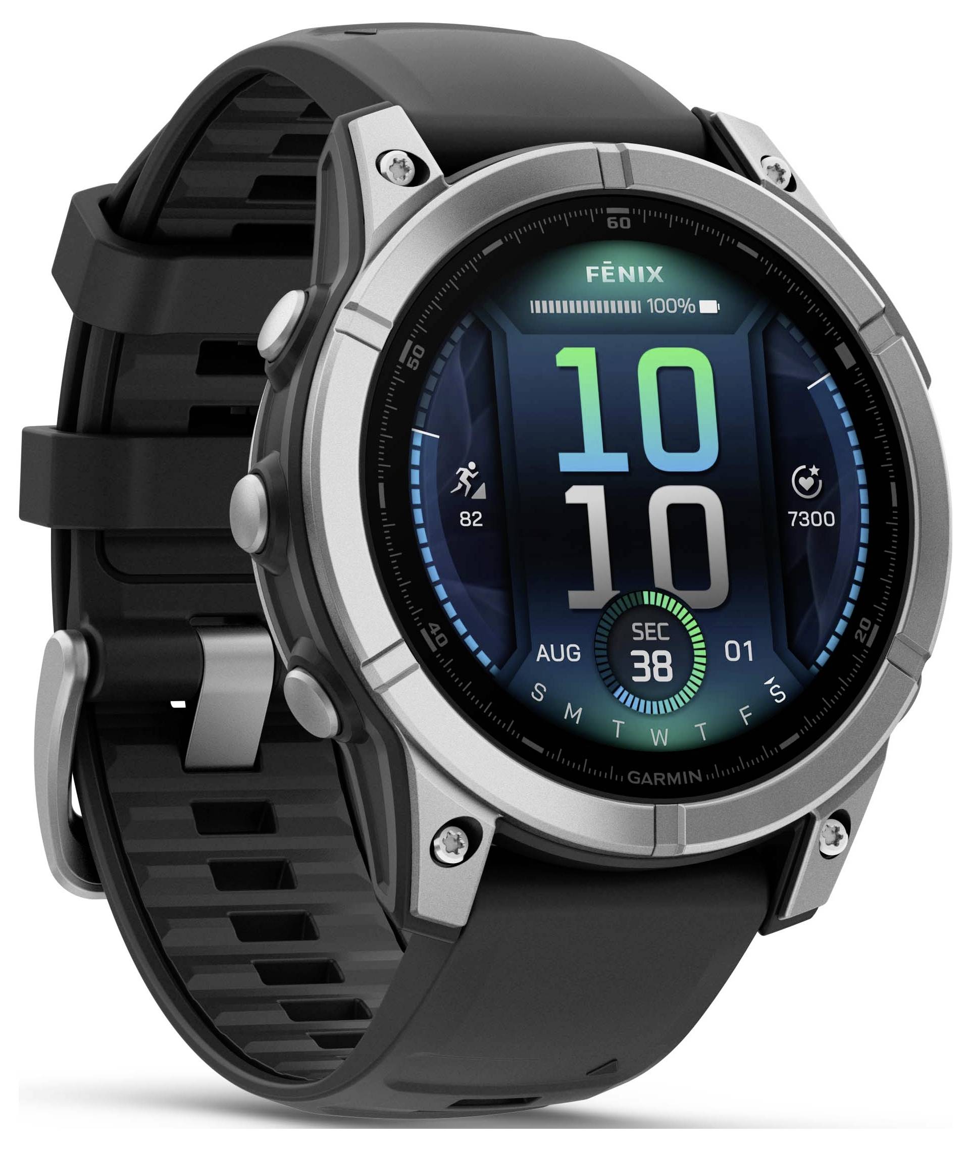 A smart wristwatch with a digital display showing the time as 10:10 and health data such as steps and activity.