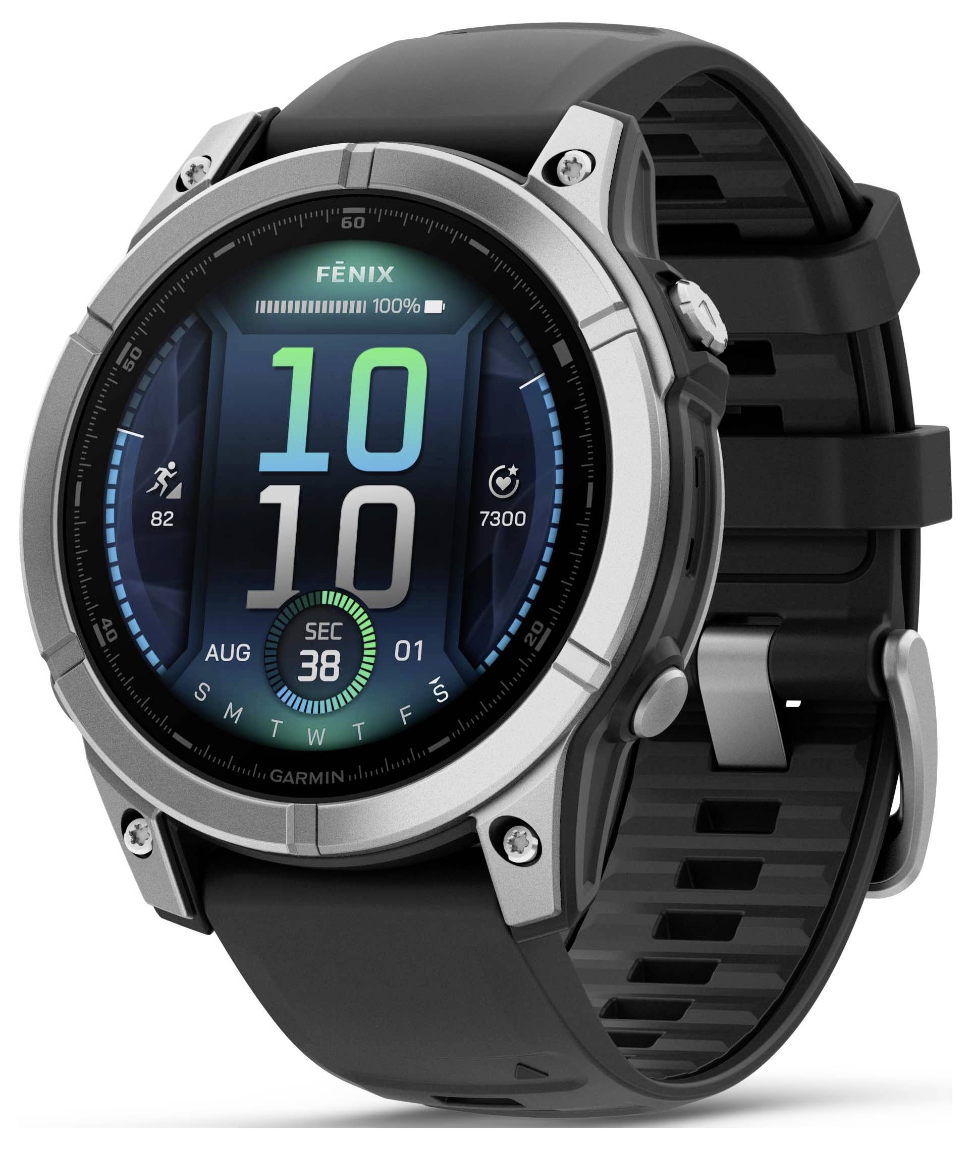 A smartwatch with a digital display shows 10:10. Display includes heart rate, date, and step count. The strap is black.