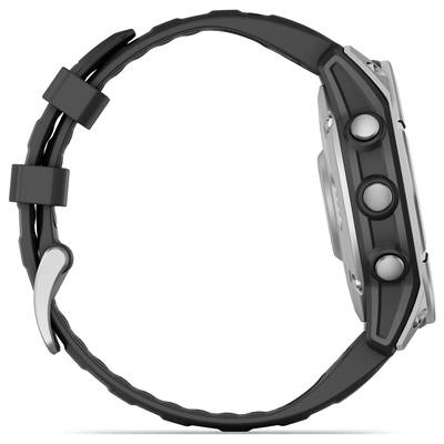 Black wristwatch viewed from the side, showing visible buttons and an adjustable strap.