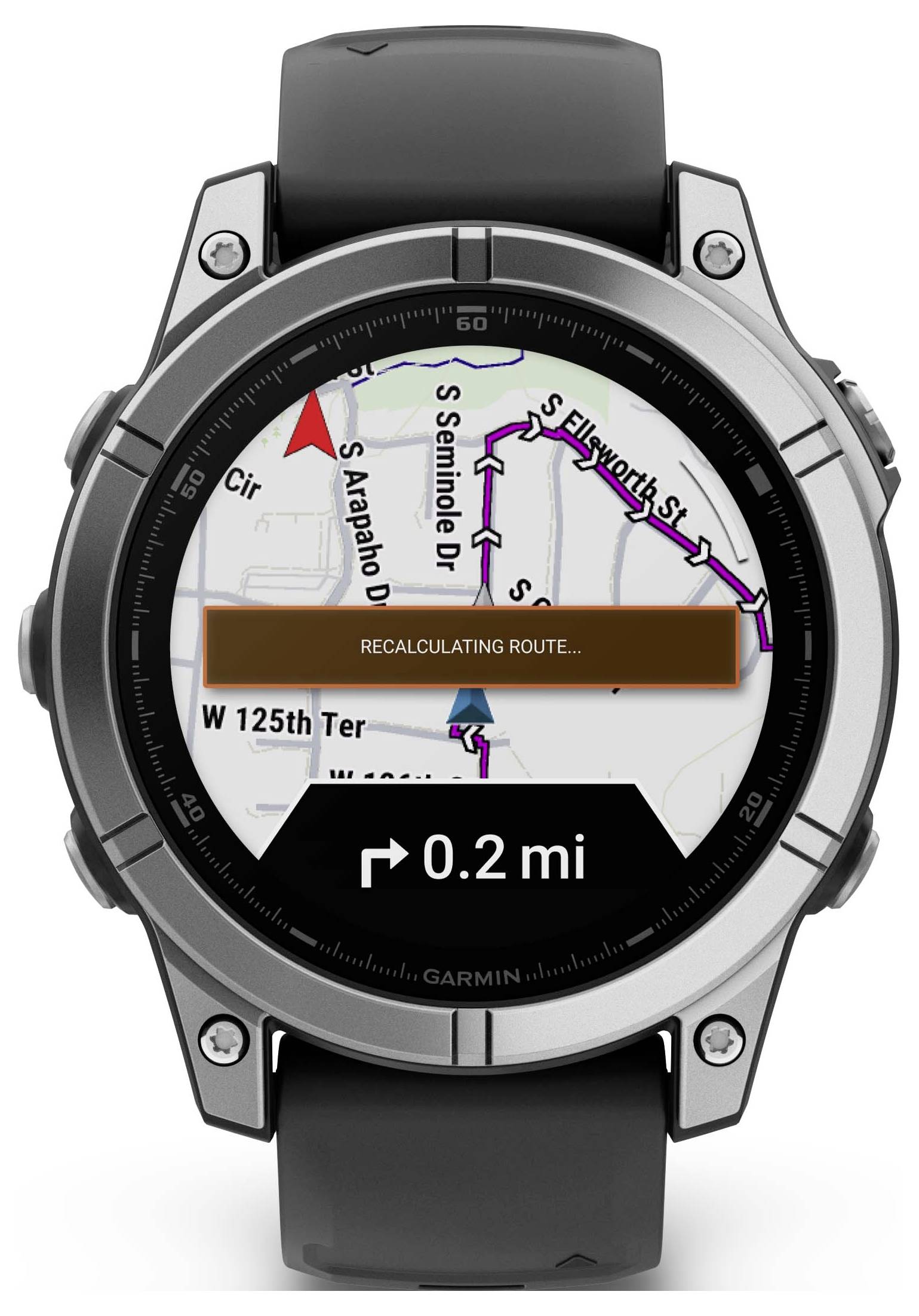 Smart wristwatch with GPS function, displaying 'RECALCULATING ROUTE...' and a map with a distance of 0.2 miles.