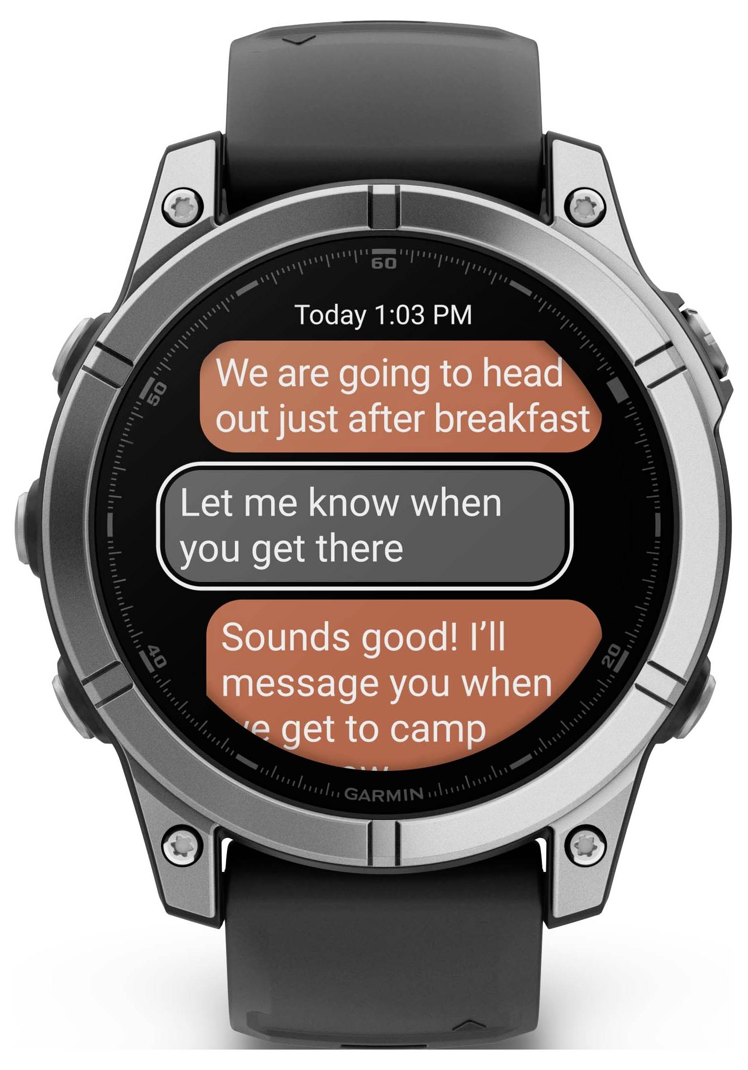 A smartwatch displays a conversation with messages: 'We'll head out just after breakfast', 'Let me know when you arrive', 'Sounds good! I'll drop you a message when we get to the campsite.'