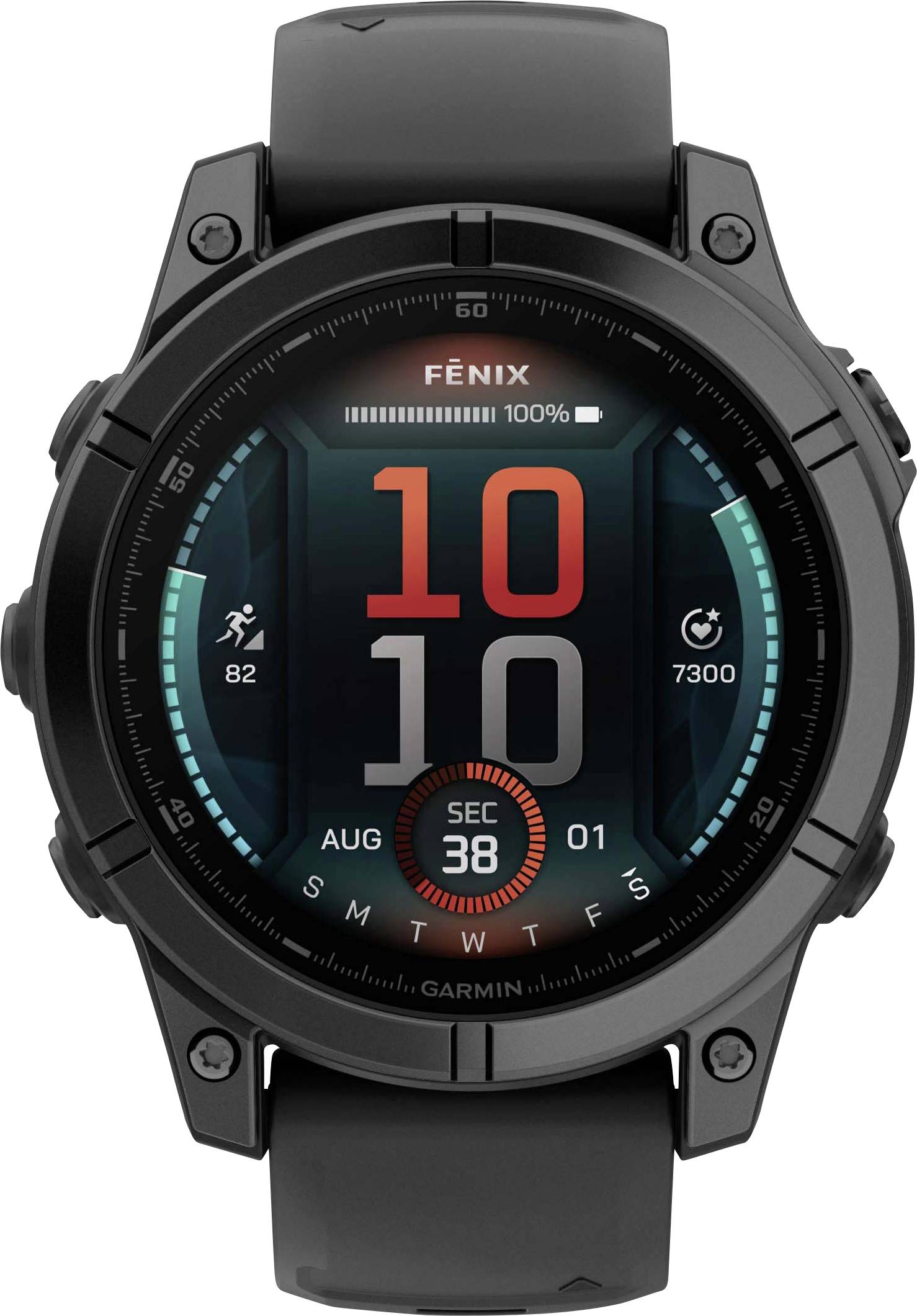 A black smartwatch with a digital display. Shows time '10:10', date '1st Aug', step count 7,300 and heart rate 82 BPM.