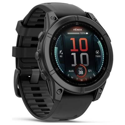 Black smartwatch with digital display. Shows time, date and icons for steps and heart rate.