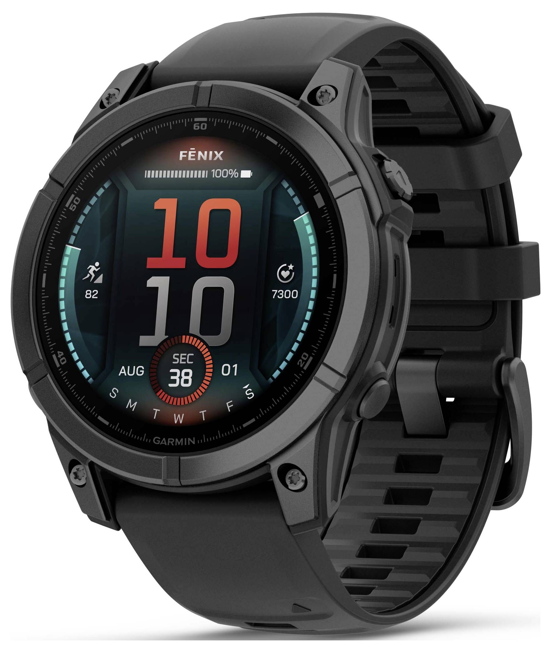 Black sports smartwatch with a round dial, displaying time, date, battery level, and fitness data. Includes step counter and heart rate monitoring.