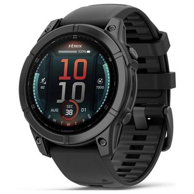 Black sports smartwatch with a round dial, displaying time, date, battery level, and fitness data. Includes step counter and heart rate monitoring.