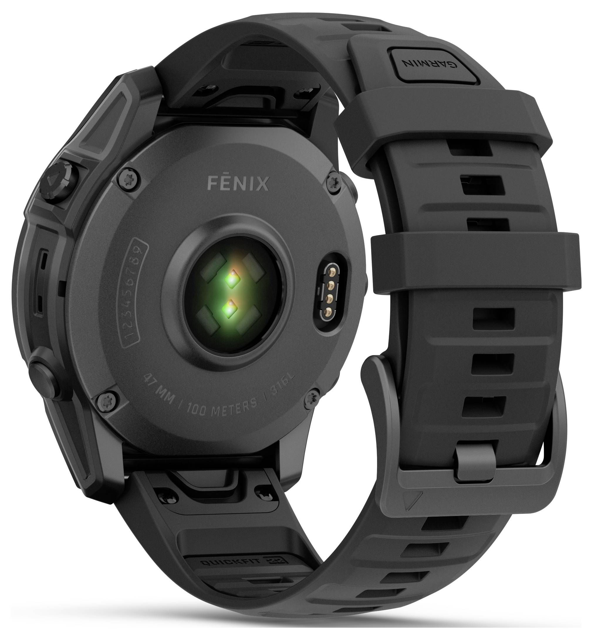 Black smartwatch back, showing biometric data sensor. Robust, waterproof to 100 metres. Brand 'Fenix'.