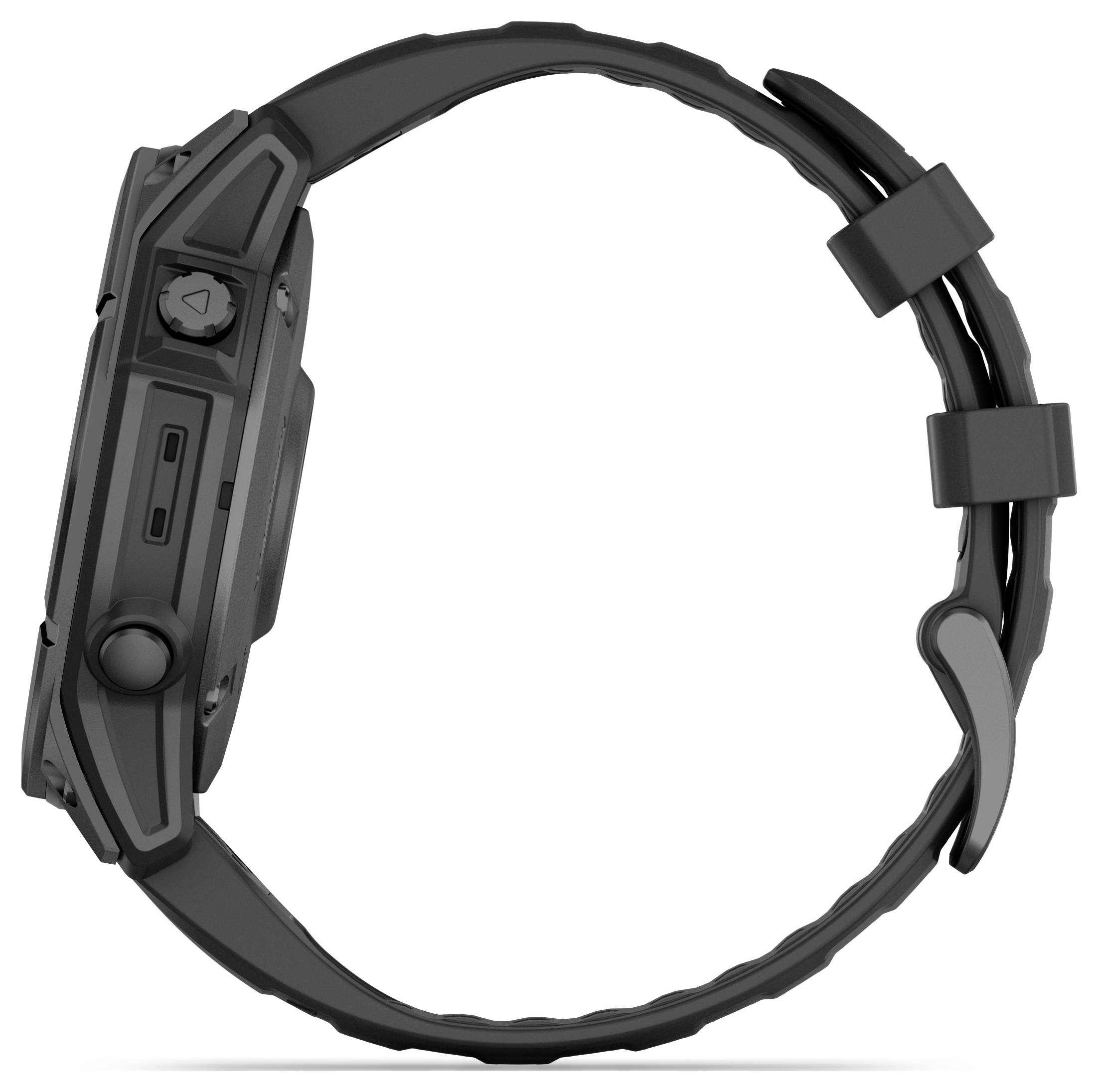 Black smartwatch viewed from the side, featuring a robust design and textured strap, displaying functions such as buttons and settings dial.