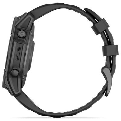 Black smartwatch viewed from the side, featuring a robust design and textured strap, displaying functions such as buttons and settings dial.