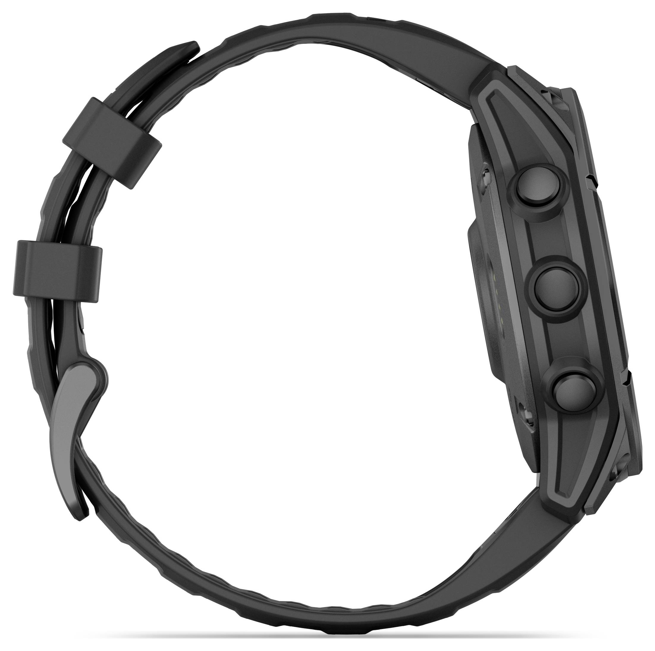 Black wristwatch viewed from the side, showing the dial with two buttons and a robust strap.