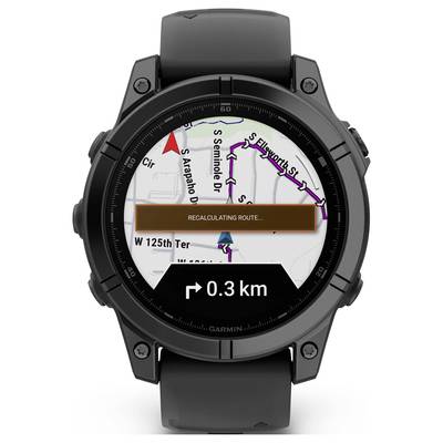 A black smartwatch displays a map view with a route; text 'Recalculating route...' appears above the map.