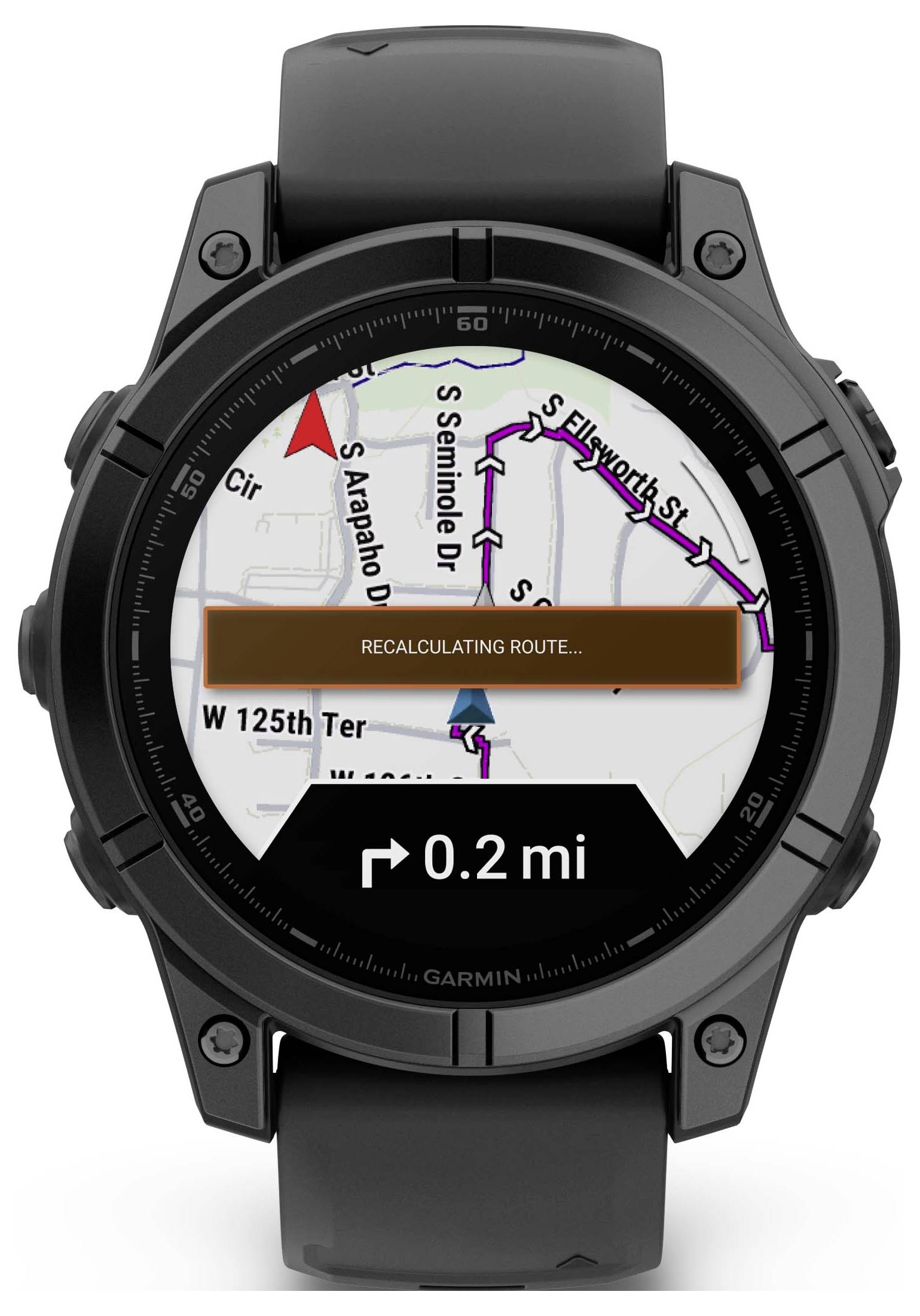 Smartwatch with navigation display: Map with route, screen text 'Recalculating route', remaining distance 0.2 miles.