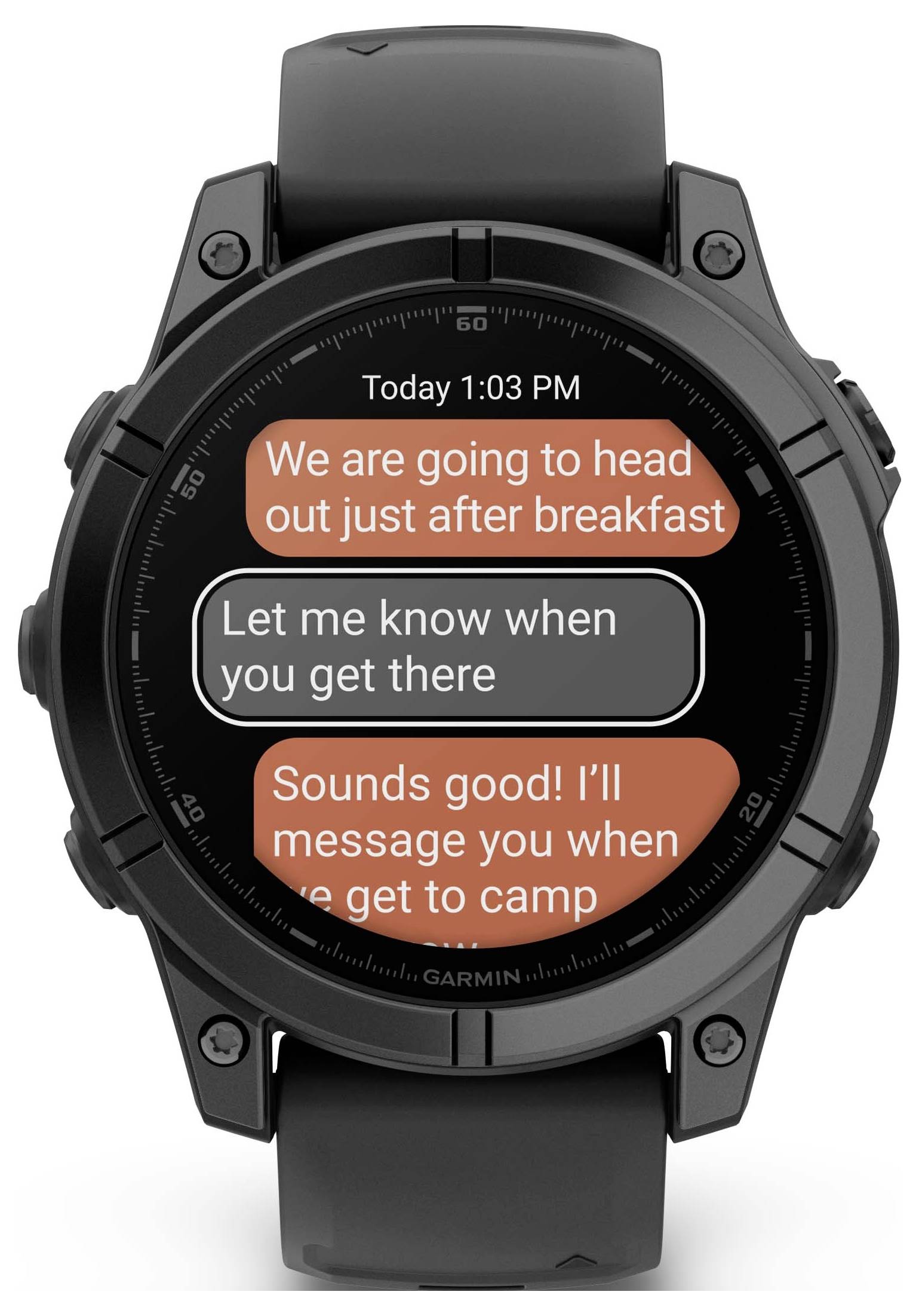 Black smartwatch with text messages. Messages: 'We'll set off right after breakfast', 'Let me know when you arrive', 'Sounds good! I'll get in touch when we're at the depot'.
