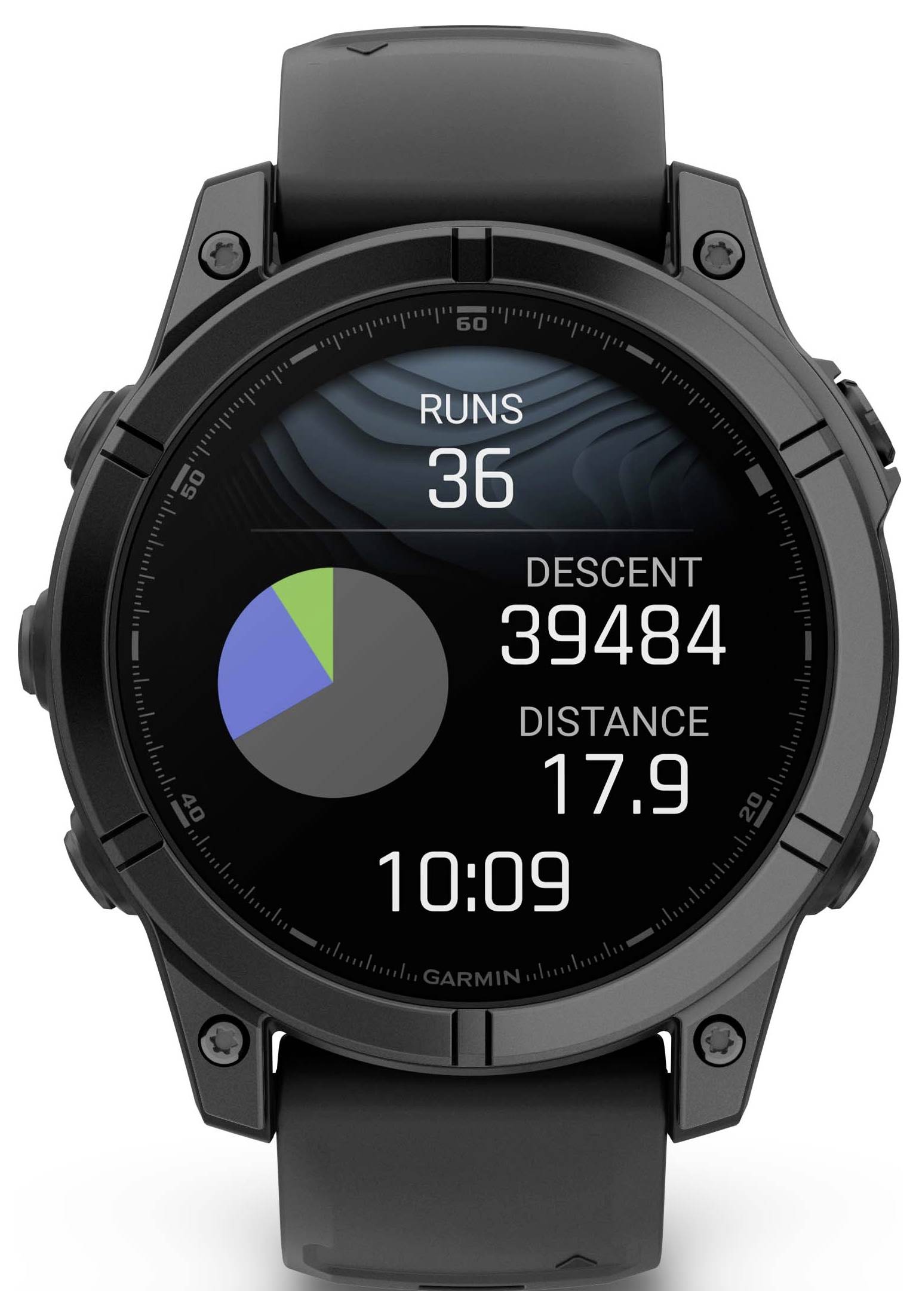 Black smartwatch with display showing: 'Runs: 36', 'Descent: 39484', 'Distance: 17.9'. Pie chart displays activity distribution. Time at bottom: 10:09.