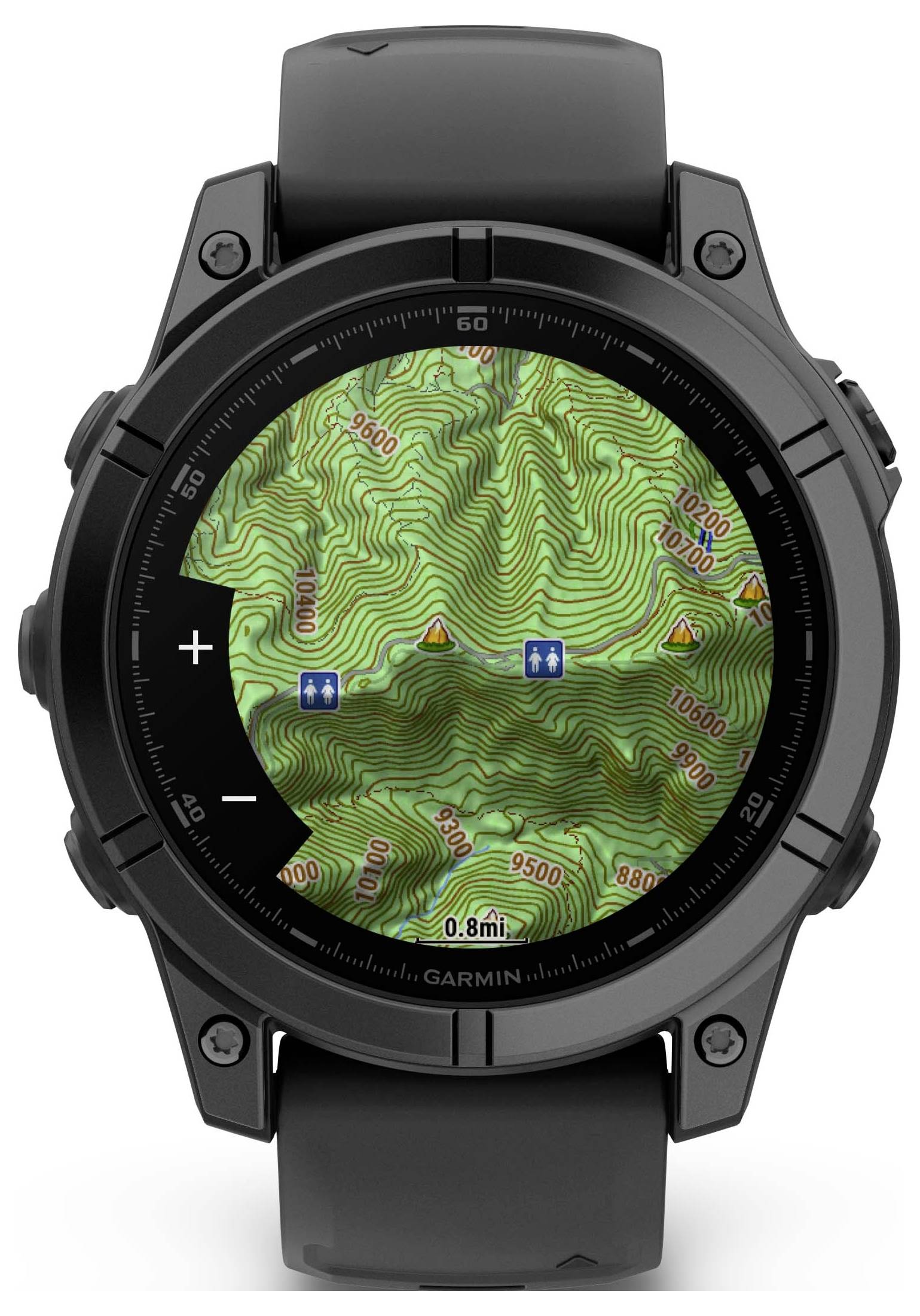 The smartwatch displays a topographical map with contour lines and symbols for hiking trails and points of interest on its screen.
