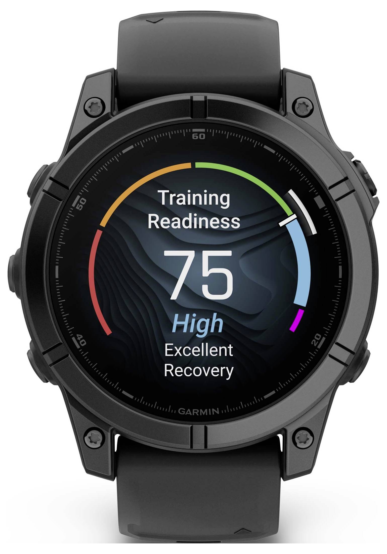 A black smartwatch displays 'Training Readiness: 75, High, Excellent Recovery'.