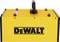 Yellow tool box with black 'DEWALT' lettering on the front, sturdy handle on top and multiple catch hooks.