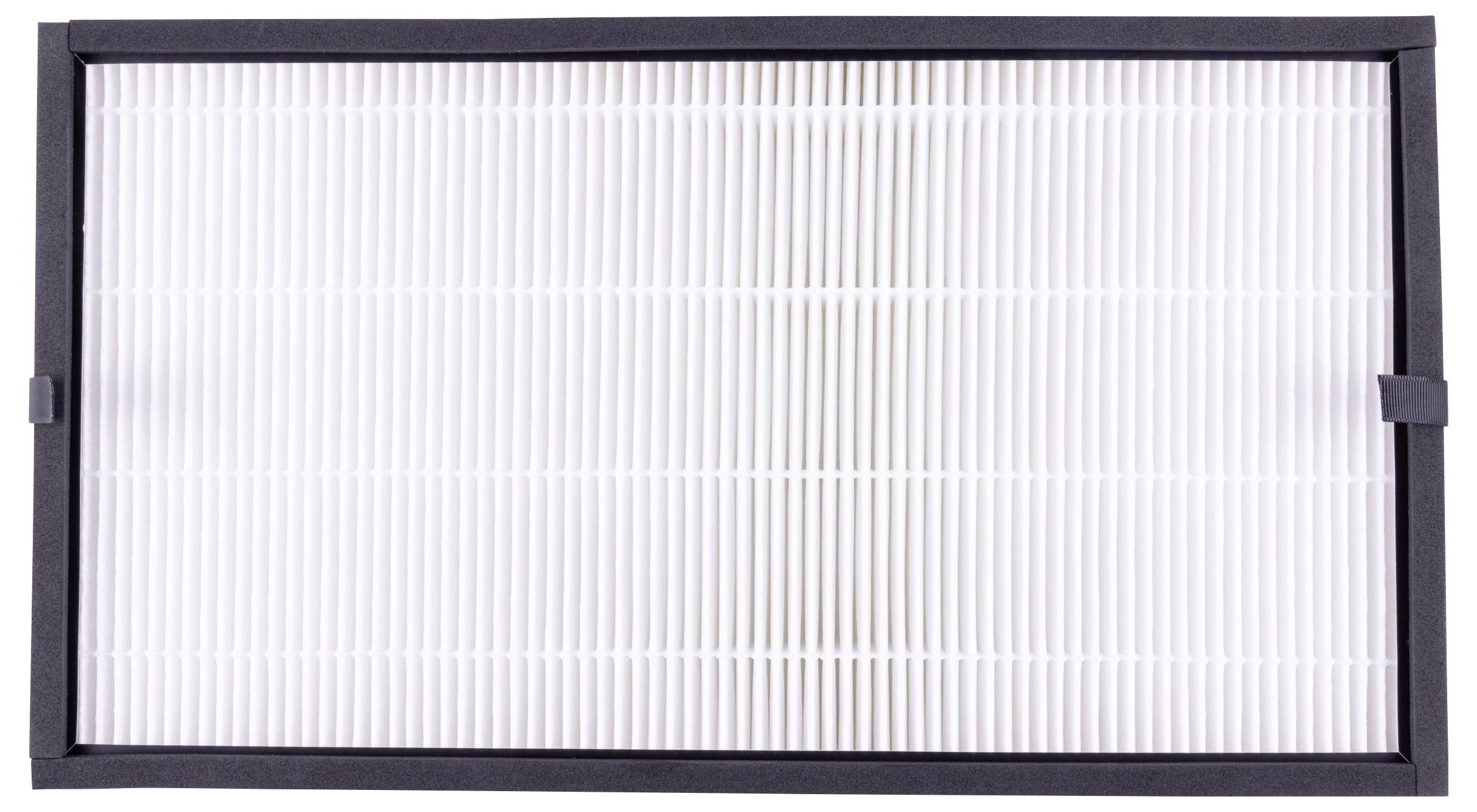 A rectangular air filter with a black frame and white louvres, positioned horizontally.
