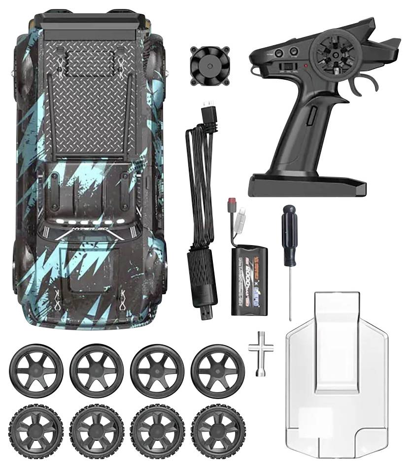 Remote-controlled Car Set with blue patterning. Accessories: Remote control, battery, charger, screwdriver, wheels, body.