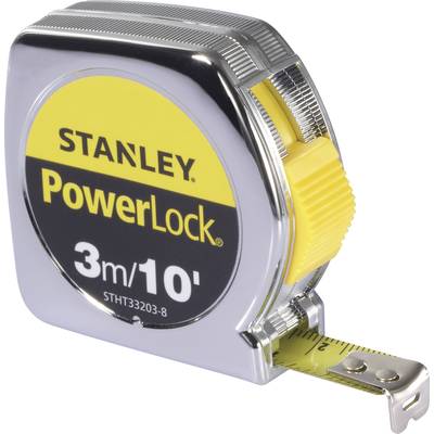 A silver and yellow Stanley PowerLock tape measure, extended to 3 metres. The device is designed for precise measurements.
