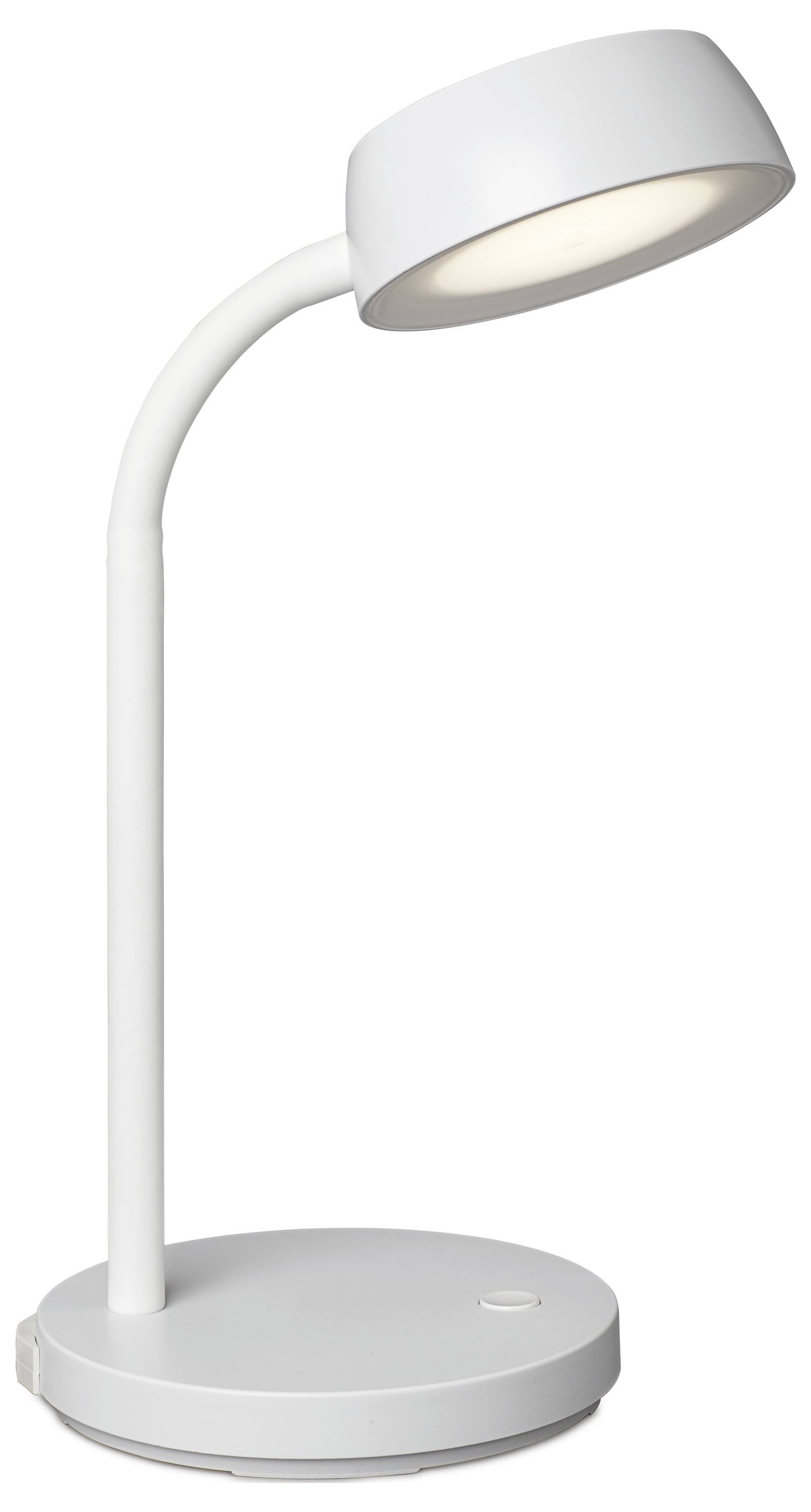 White table lamp with a curved neck and round lampshade, standing on a circular base.