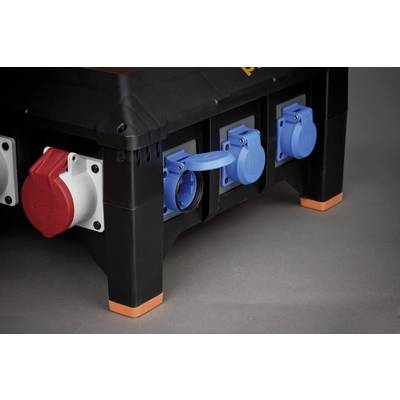 A black electrical distribution box with red and blue sockets, a blue cap open. Background in grey.