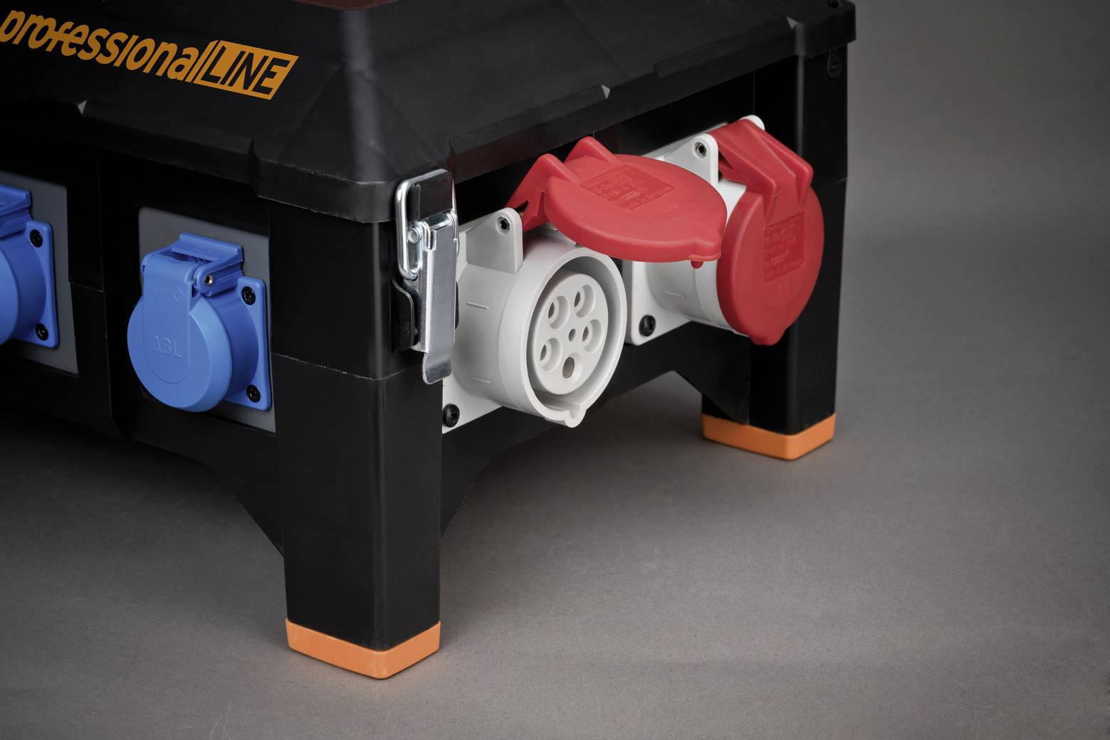 'Black distribution box with multiple blue and red sockets, labelled with "professional LINE".'