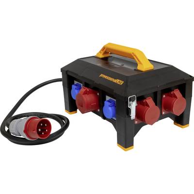 Black electrical distribution unit with a yellow handle and multiple red and blue power sockets. Cables and plugs are located on the side.