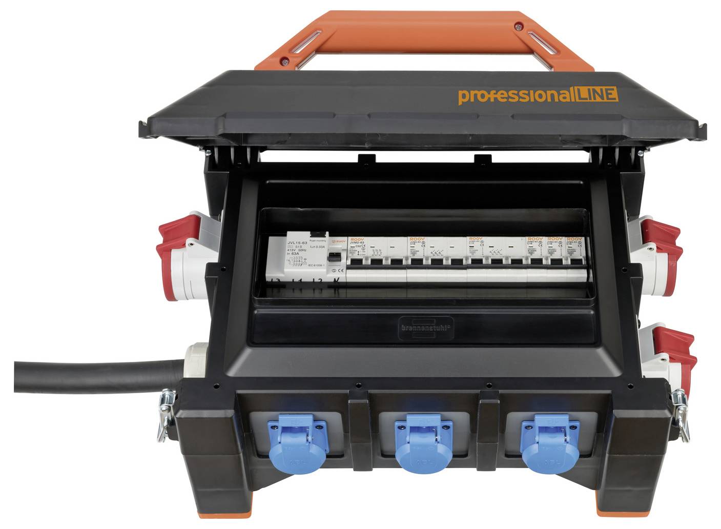 A black distribution box with four blue sockets at the bottom and an open lid with 'professionalLINE' written on it. Two red connections are located on the right and left sides.