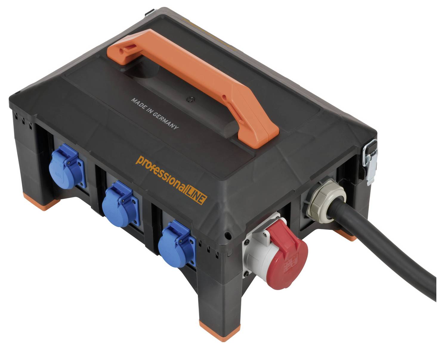 Black, portable power distribution unit with an orange handle, four blue sockets and one red high-power socket.