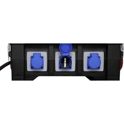 Electrical box with three blue power sockets at the front. The middle socket is open, revealing the internal connection.