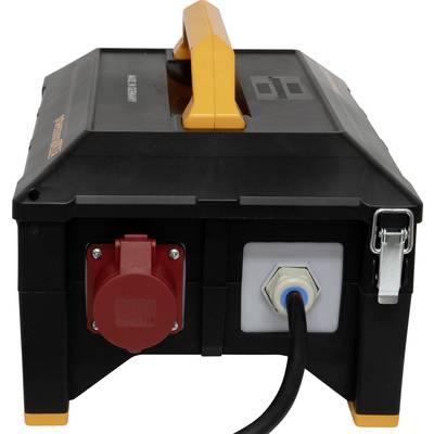 'Black portable power distributor with yellow handle and various connections. Suitable for construction sites or outdoor use.'