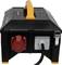 'Black portable power distributor with yellow handle and various connections. Suitable for construction sites or outdoor use.'