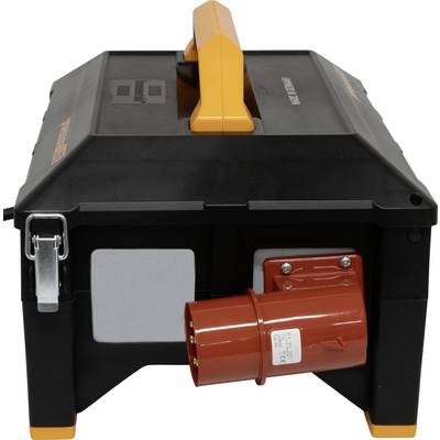 Heavy black box with red connector, orange handle, side metal lock, and small white label.
