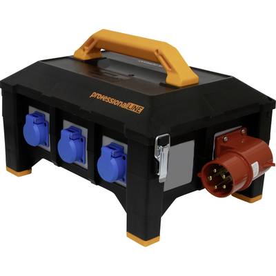 A black, robust power distributor with an orange handle, four blue sockets and a red industrial plug.