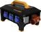 A black, robust power distributor with an orange handle, four blue sockets and a red industrial plug.